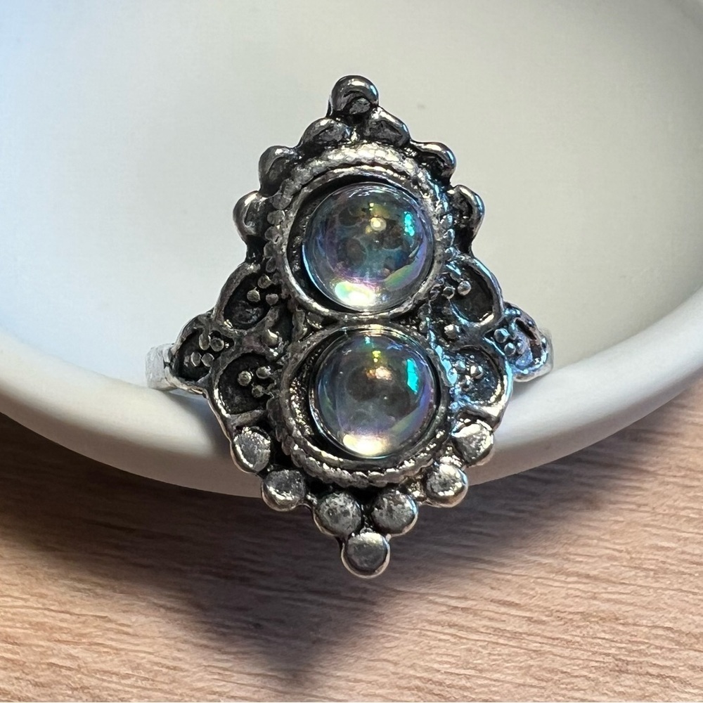 Boho Bali Ring Iridescent Silver Tone Size 7.25